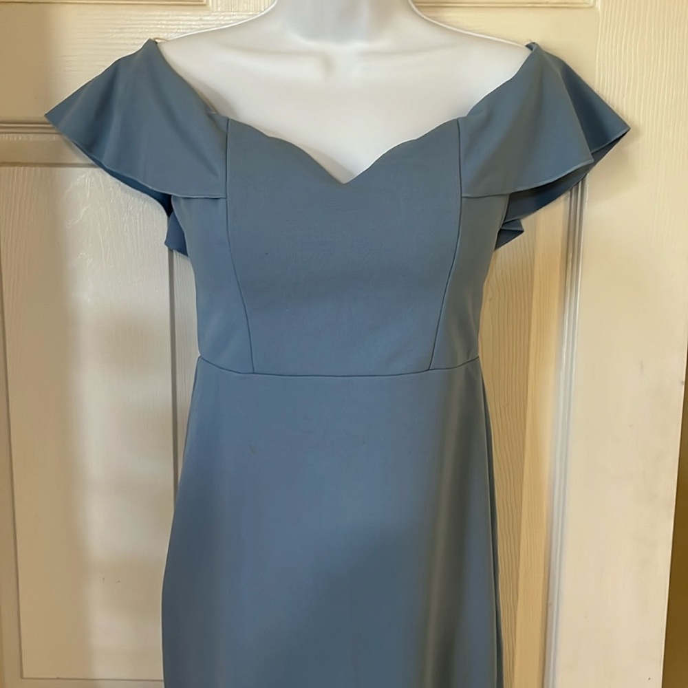 Emerald Sundae Off Shoulder Blue Asymmetrical Formal Cocktail Midi Dress Small